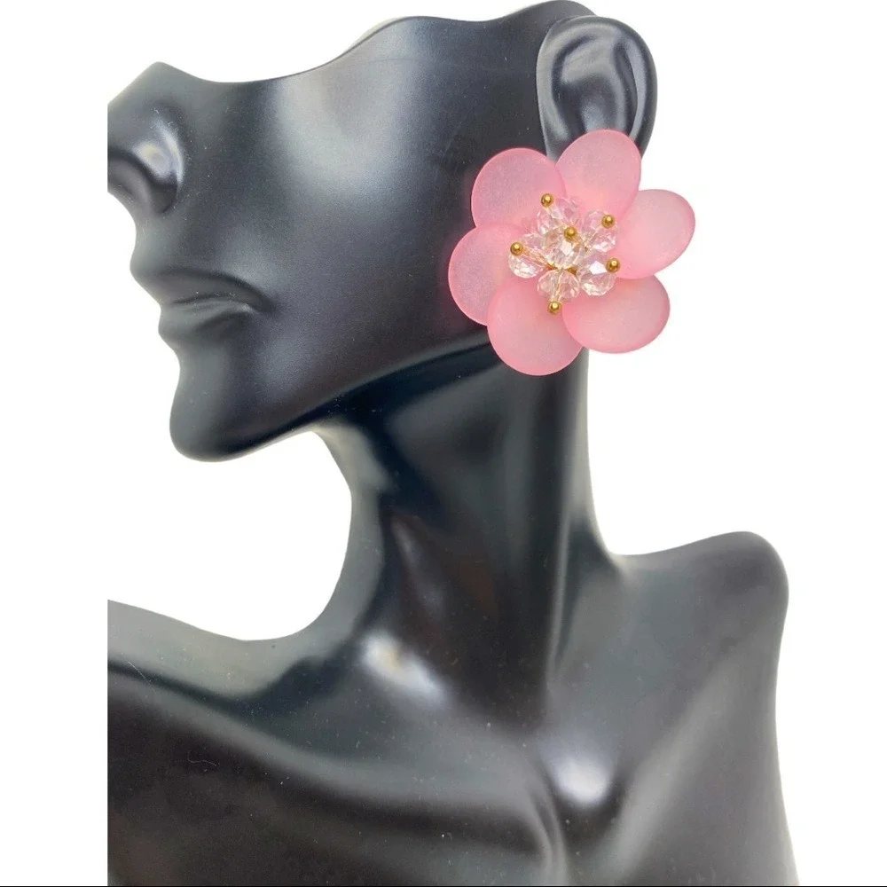 Women's Pink Flower‎ Earrings Crystal Beaded Accent Studs Fashion Jewelry